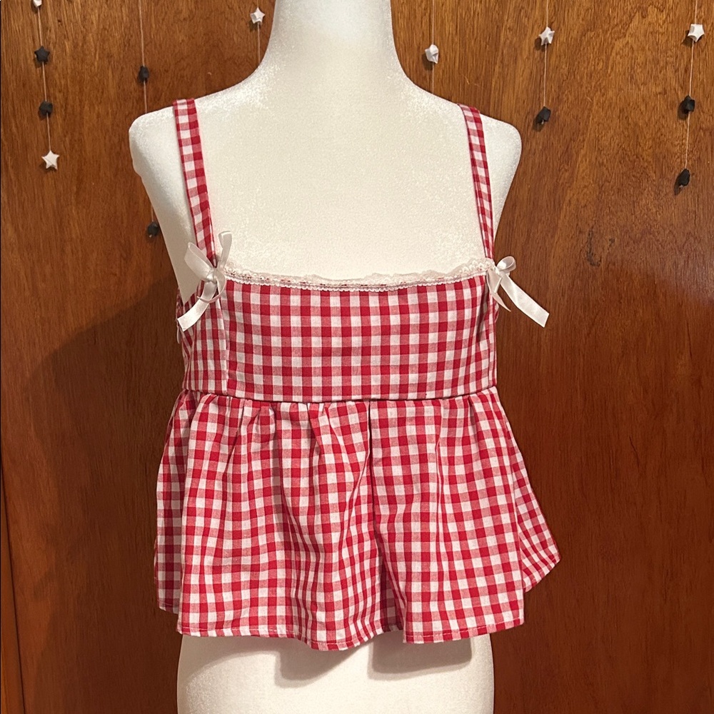 [SOLD] Red Gingham Cropped Tank Top with Bows